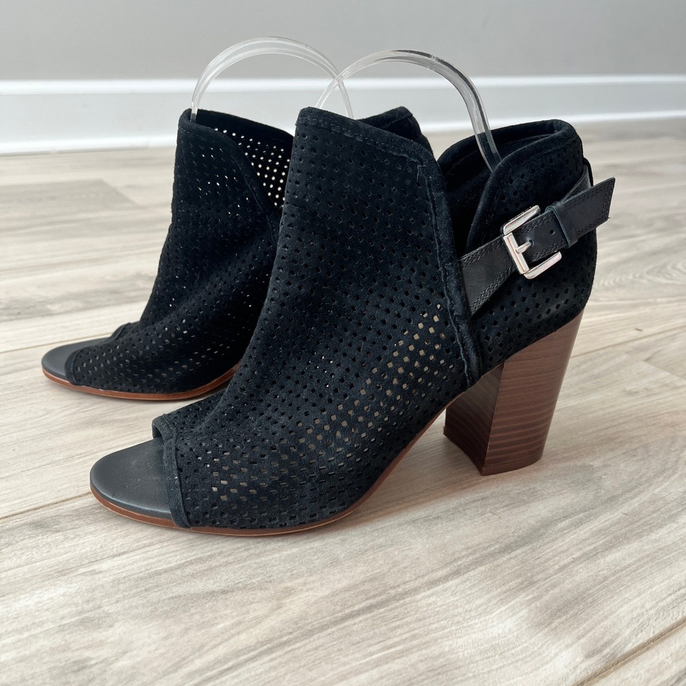 Sam Edelman Easton Perforated Suede Peep Toe Booties Black 8.5 Block Heel Buckle